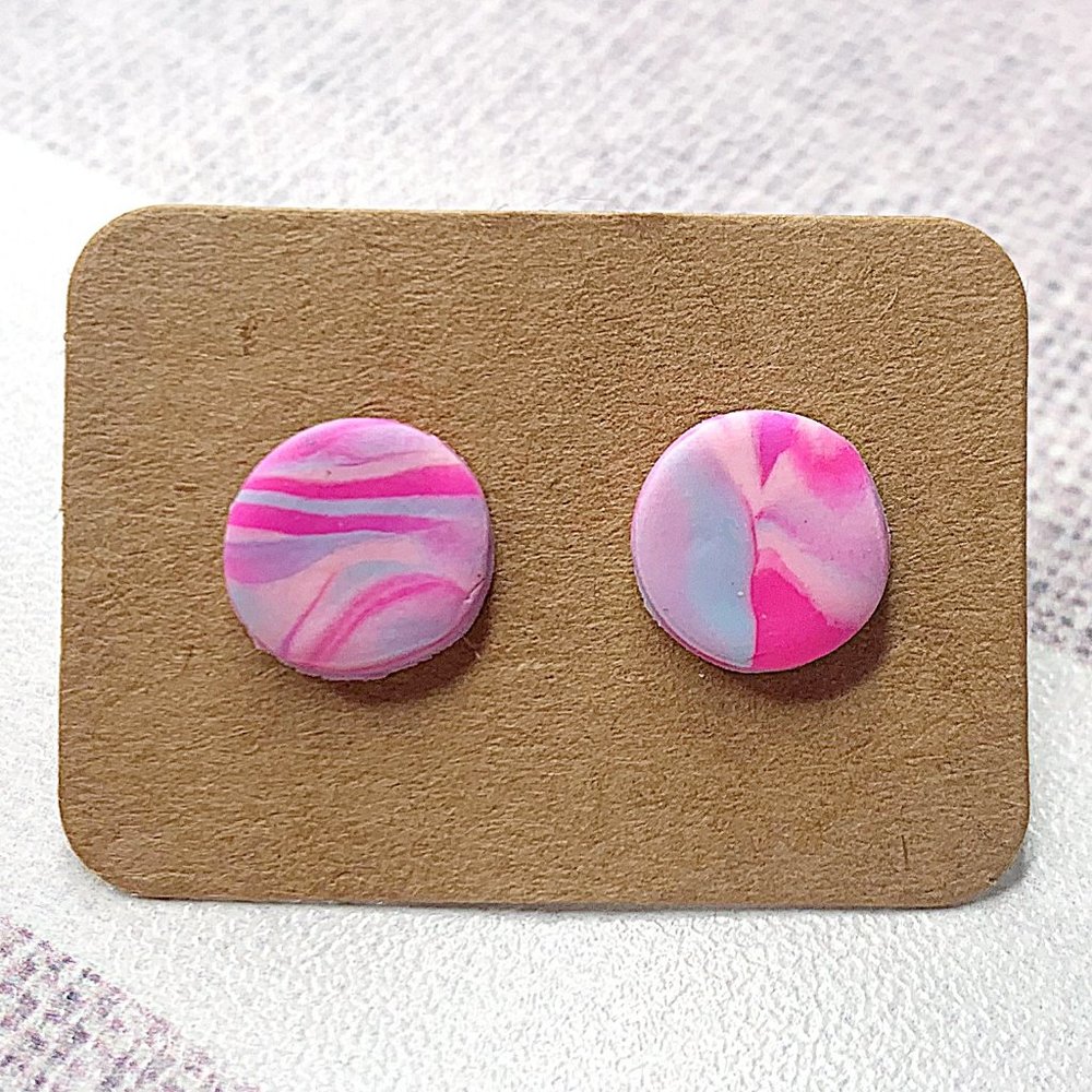 3/$25 Cotton Candy Marbled Circle Polymer Clay Stud Earrings - Picture 3 of 9